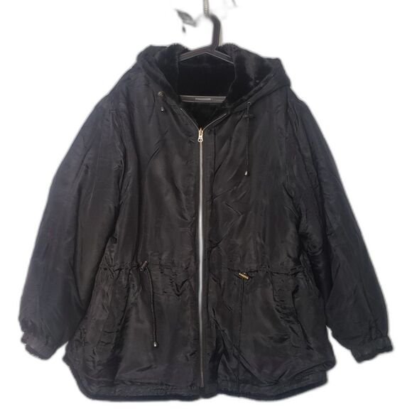 Vintage NY CLASSICS Black Faux Fur Reversible Silk Coat Womens Plus Size 3X - Picture 3 of 8